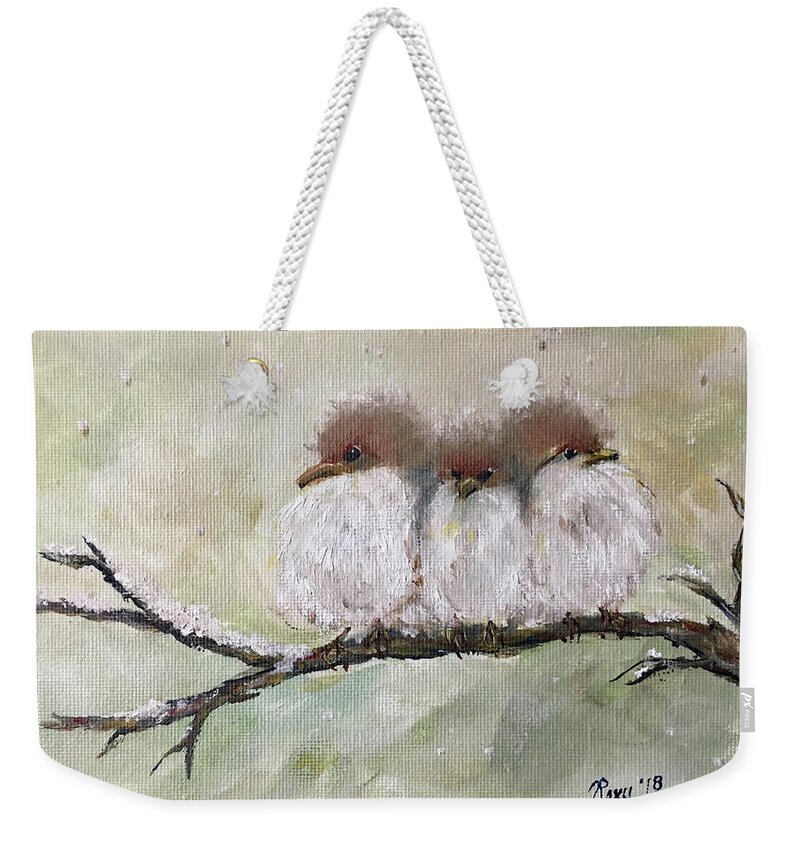 Fairy Wrens Weekender Tote Bag featuring the painting Three Fat Fluffballs by Roxy Rich