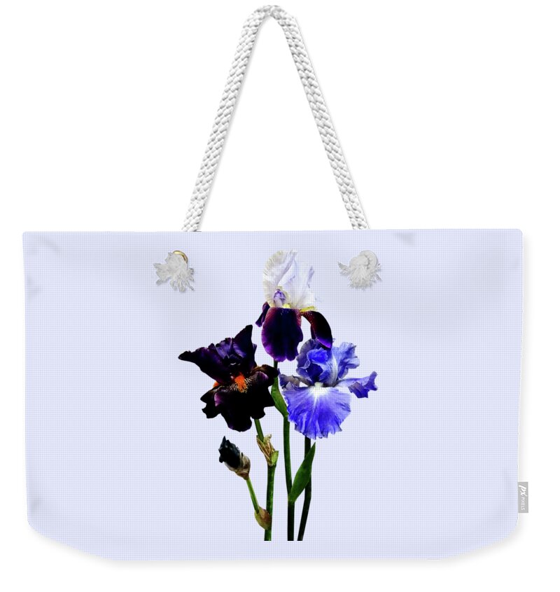 Iris Weekender Tote Bag featuring the photograph Three Kinds of Irises by Susan Savad