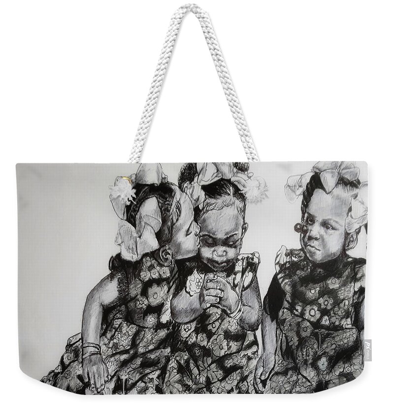 Sit Weekender Tote Bag featuring the mixed media Three Little Beauties by Ingga Smith