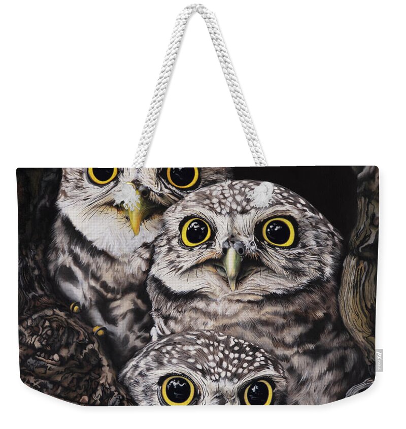 Nikita Coulombe Weekender Tote Bag featuring the painting Three Little Owls by Nikita Coulombe