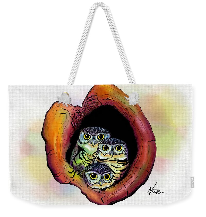 Wildlife Weekender Tote Bag featuring the digital art Three Owls by Norman Klein