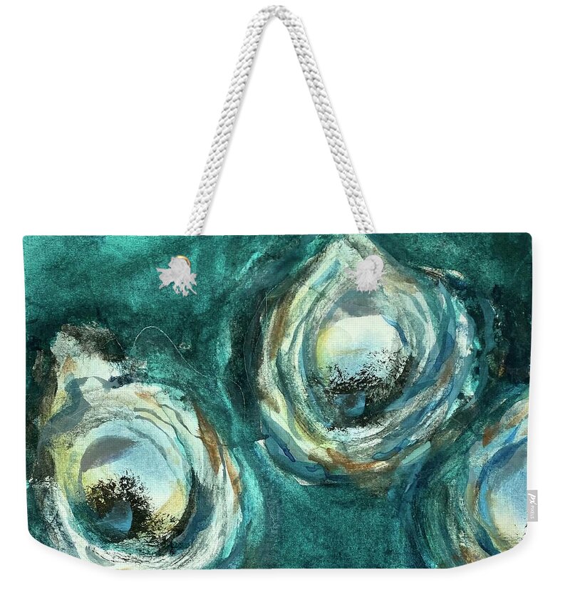Louisiana Seafood Weekender Tote Bag featuring the painting Three Oyster Cult by Francelle Theriot