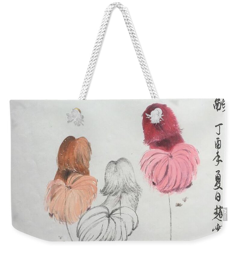 Pekes Weekender Tote Bag featuring the painting Three Pekes in a Pod - 5 by Carmen Lam