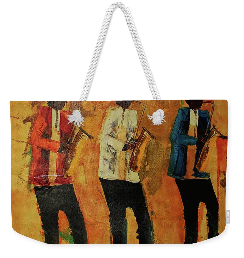  Weekender Tote Bag featuring the painting Three Saxo's In Time by Ndabuko Ntuli