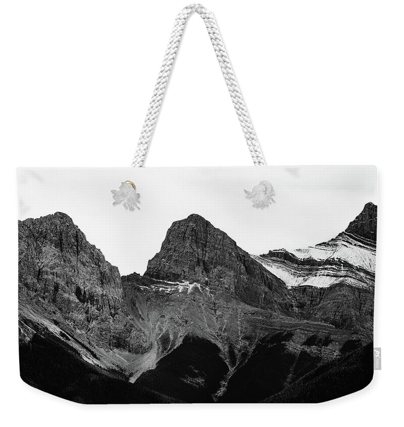 Three Sisters Black And White Weekender Tote Bag featuring the photograph Three Sisters Black And White by Dan Sproul