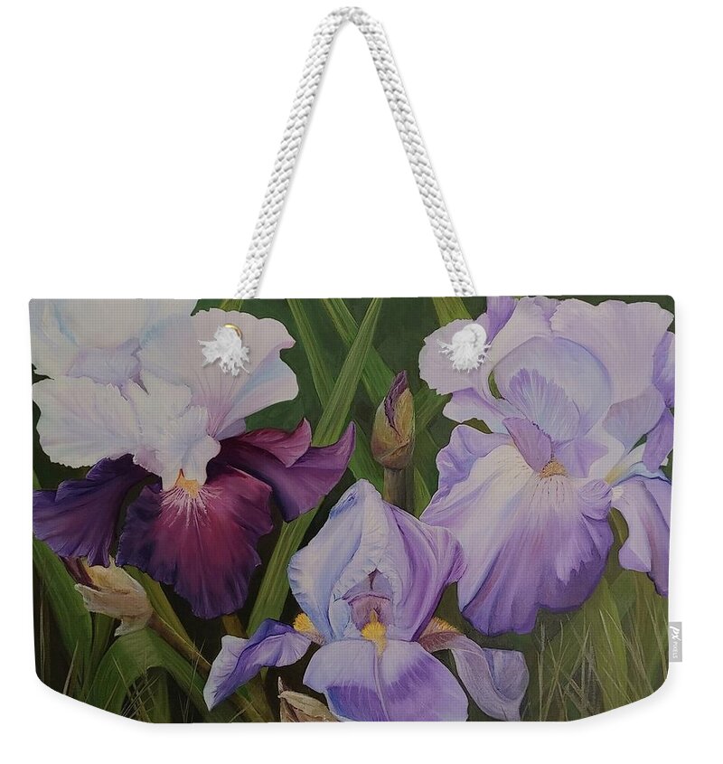 Iris Flowers Weekender Tote Bag featuring the painting Three Sisters by Connie Rish