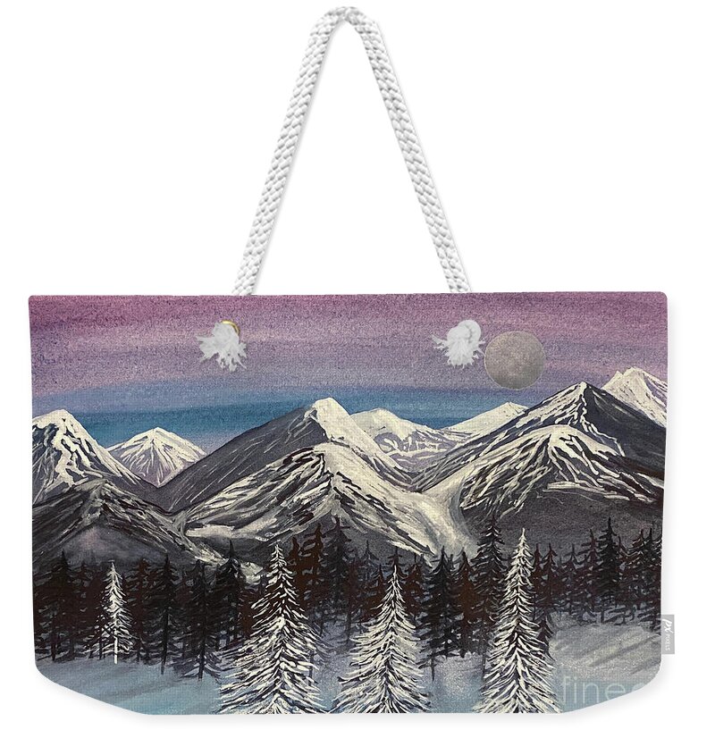 Snowy Trees Weekender Tote Bag featuring the painting Three Snowy Trees by Lisa Neuman