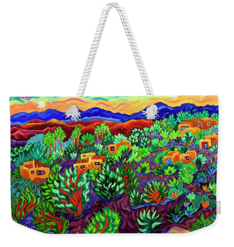 Santa Fe Weekender Tote Bag featuring the painting Three Stars at Twilight by Cathy Carey