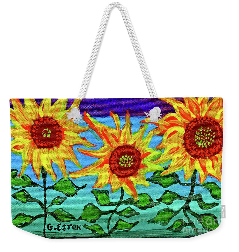 Sunflower Weekender Tote Bag featuring the painting Three Sunflowers With Purple Sky by Genevieve Esson