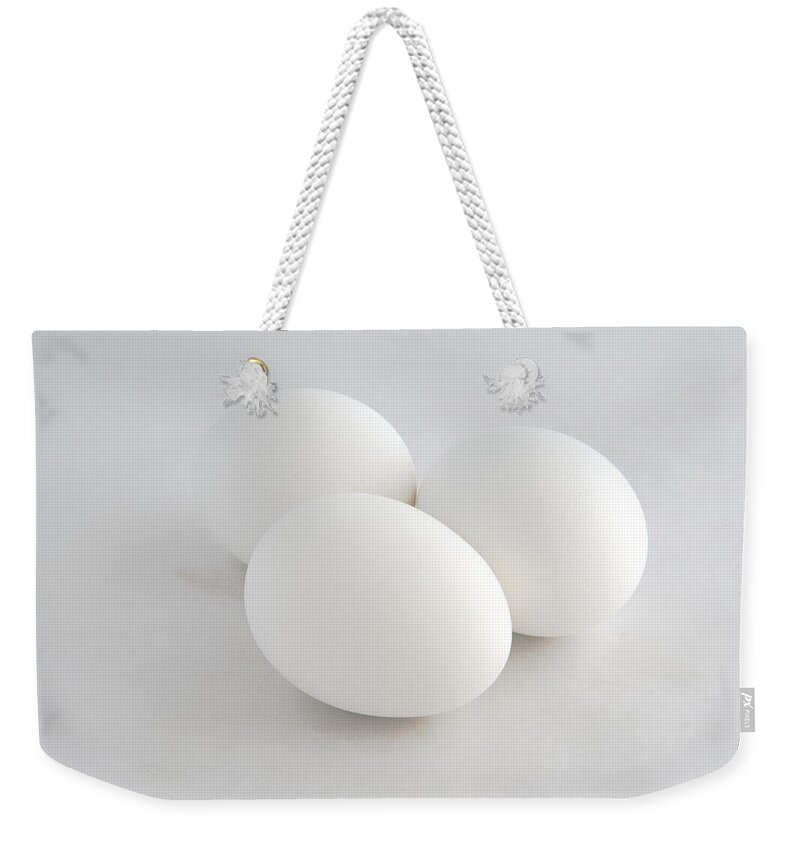 Eggs Weekender Tote Bag featuring the photograph Three White Eggs by Kae Cheatham