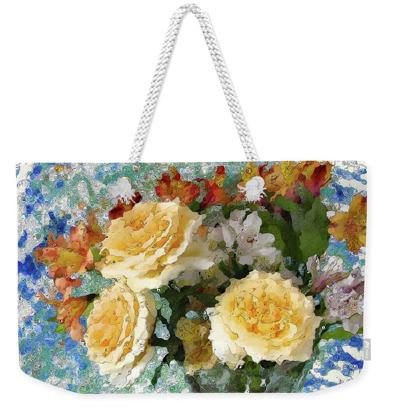 Rose Weekender Tote Bag featuring the photograph Three Yellow Roses on Blues by Corinne Carroll