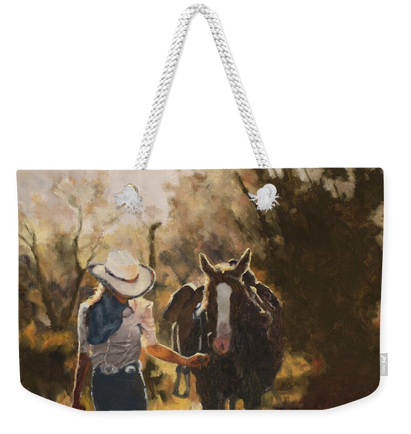 Cowgirl Weekender Tote Bag featuring the painting Through rays of light by Tate Hamilton