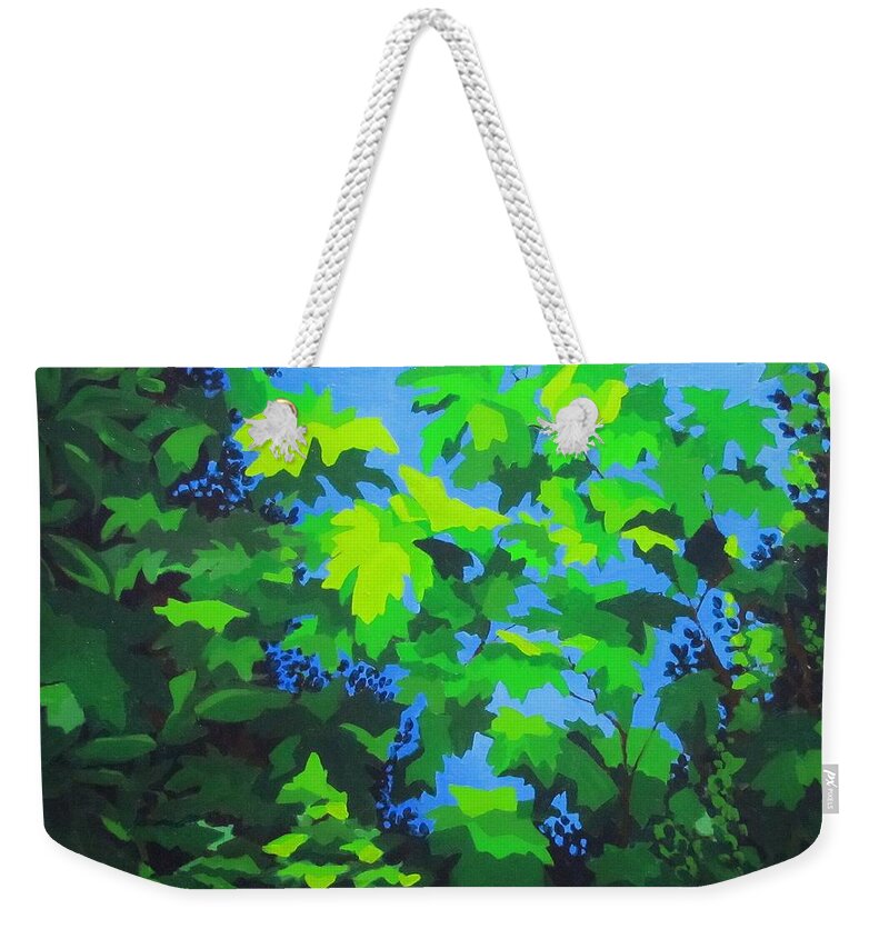 Leaves Weekender Tote Bag featuring the painting Through the Leaves by Karen Ilari