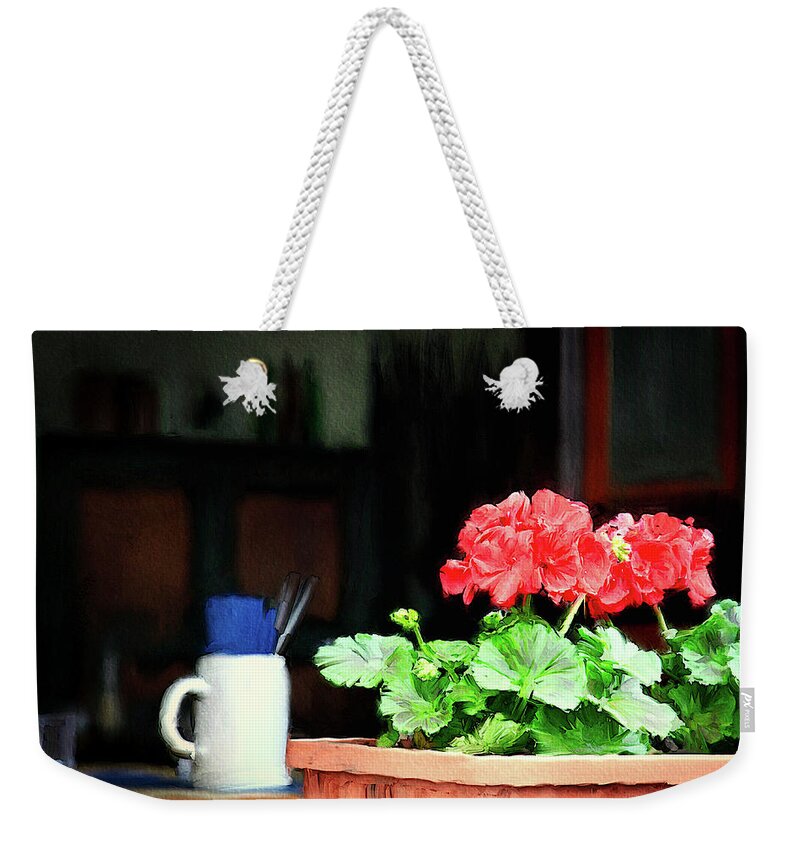 Restaurant Window Weekender Tote Bag featuring the mixed media Through the restaurant window, Germany by Tatiana Travelways