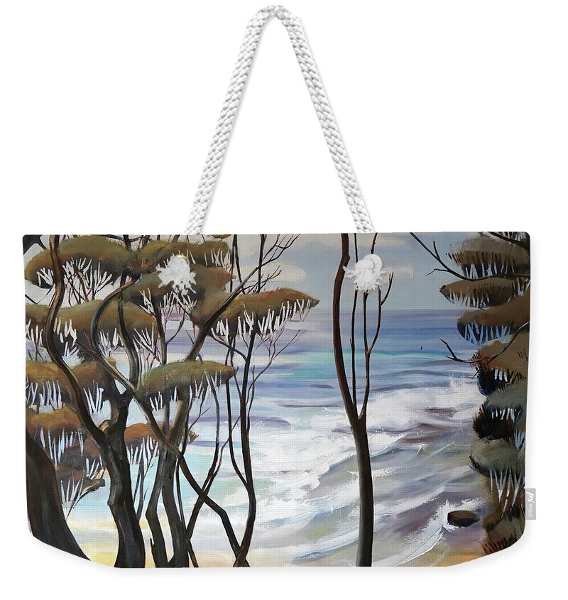 Shirley Peters Weekender Tote Bag featuring the painting Through Trees to Coast by Shirley Peters