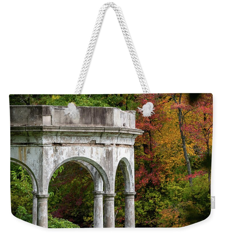 Autumn Weekender Tote Bag featuring the photograph Tibbetts Brook Park Gazebo by Kevin Suttlehan
