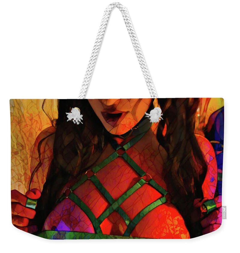 Dark Weekender Tote Bag featuring the digital art Tied To Her Desire Stained Glass by Recreating Creation
