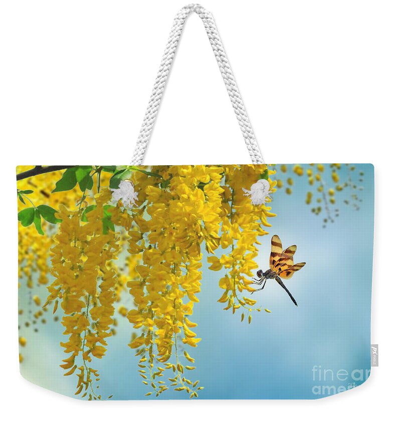 Dragonfly Weekender Tote Bag featuring the mixed media Tiger Dragonfly and Laburnum by Morag Bates