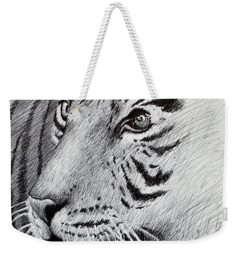 Tiger Weekender Tote Bag featuring the drawing Tiger Emerging by Rick Hansen