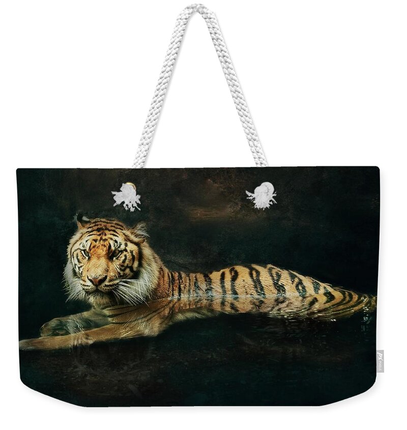 Texture Weekender Tote Bag featuring the photograph Tiger In Water by Marjorie Whitley