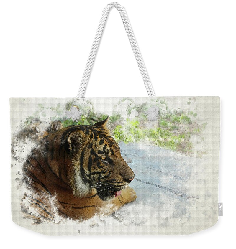 Tiger Weekender Tote Bag featuring the digital art Tiger Portrait with Textures by Alison Frank