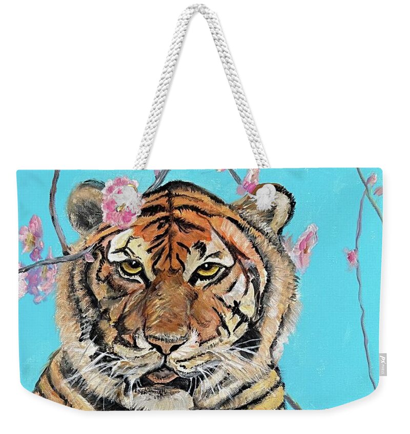 Tiger/ Cherry Blossoms/ Grass Weekender Tote Bag featuring the painting Tiger-Tiger by Charme Curtin