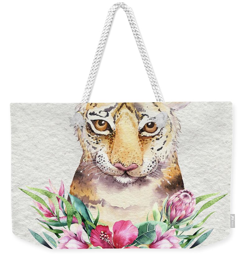 Tiger With Flowers Weekender Tote Bag featuring the painting Tiger With Flowers by Nursery Art