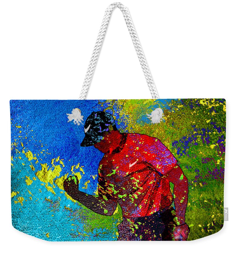 Tiger Weekender Tote Bag featuring the painting Tiger Woods Dream 02 by Miki De Goodaboom