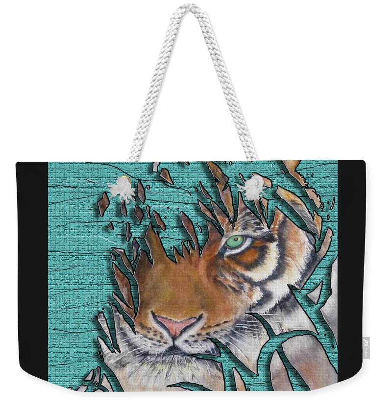 Lurking Tiger Weekender Tote Bag featuring the mixed media Tiger's Gone to Pieces No.2 by Kelly Mills