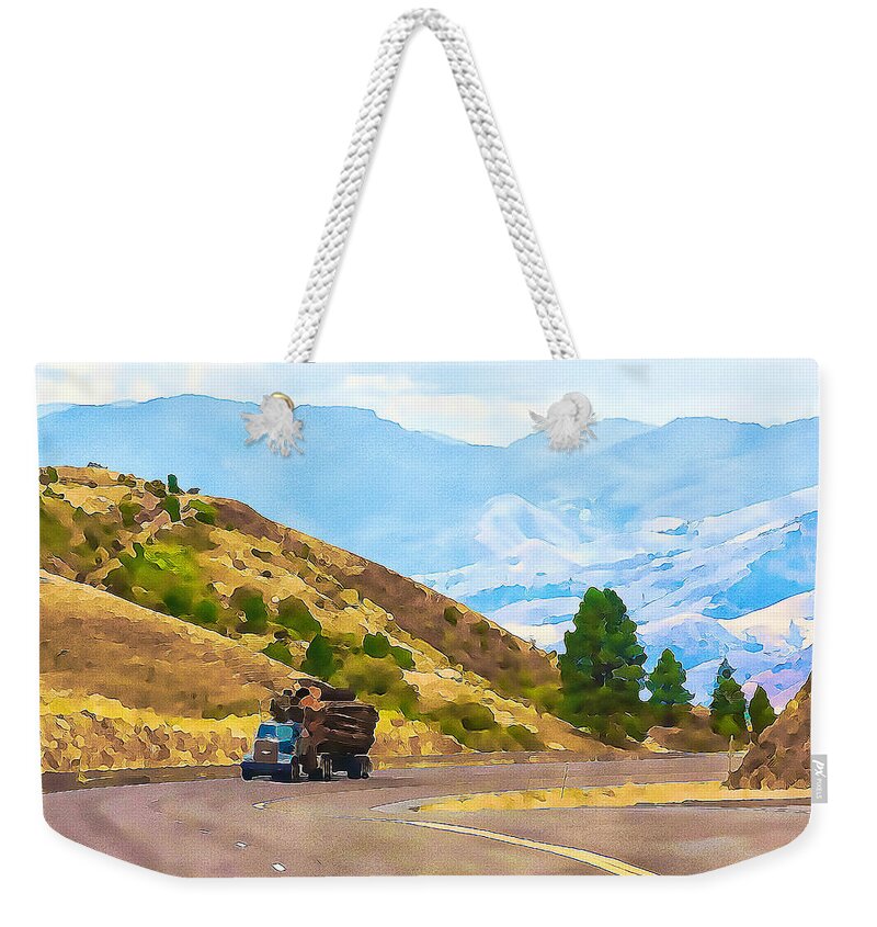 Idaho Weekender Tote Bag featuring the mixed media Timbers truck in Idaho by Tatiana Travelways