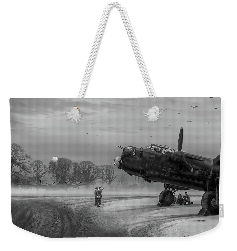 Avro 638 Lancaster Weekender Tote Bag featuring the photograph Time to go - Lancasters on dispersal BW version by Gary Eason