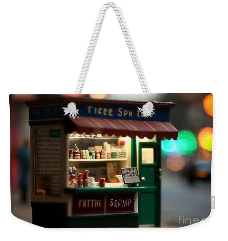 A Variety Of Jams Weekender Tote Bag featuring the mixed media Tiny City Shop II by Jay Schankman