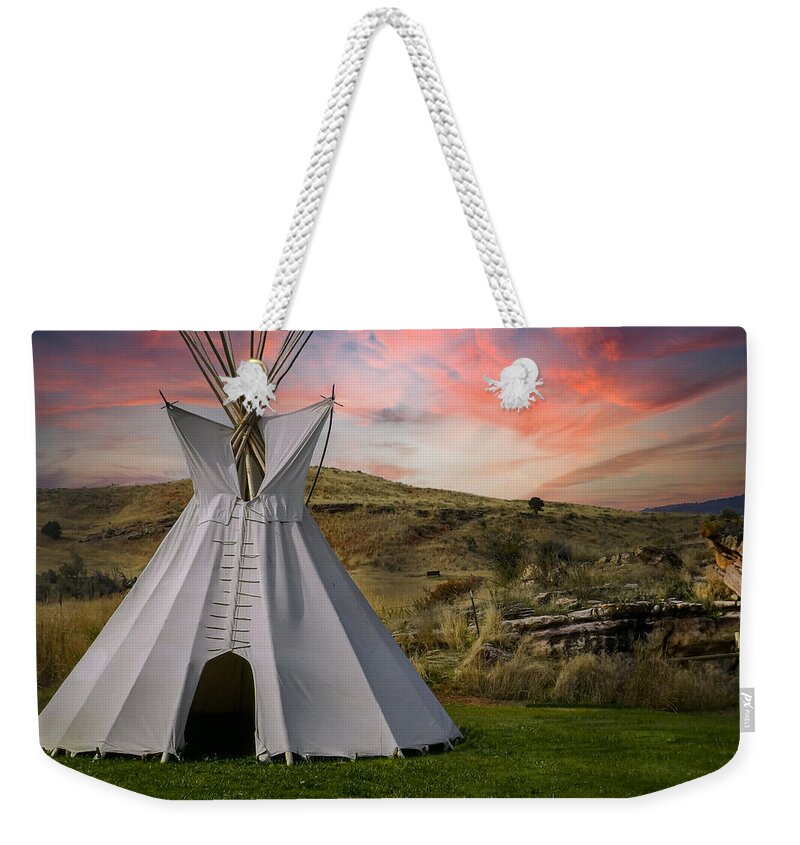 Native Temporary Housing Weekender Tote Bag featuring the photograph Tipi at Sunset by Laura Putman