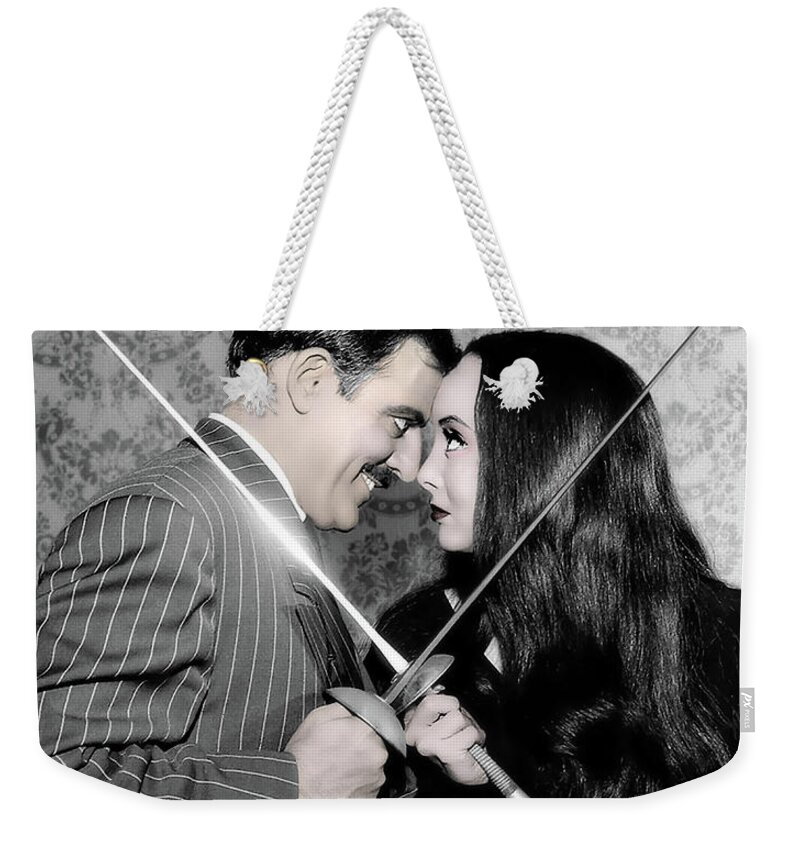 2d Weekender Tote Bag featuring the digital art Tish And Gomez - The Addams Family by Brian Wallace
