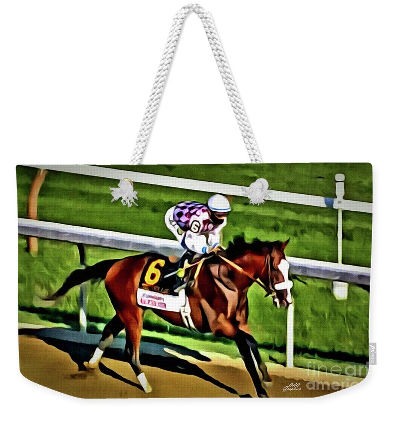 Saratoga Weekender Tote Bag featuring the digital art Tiz the Law Wins the Travers by CAC Graphics