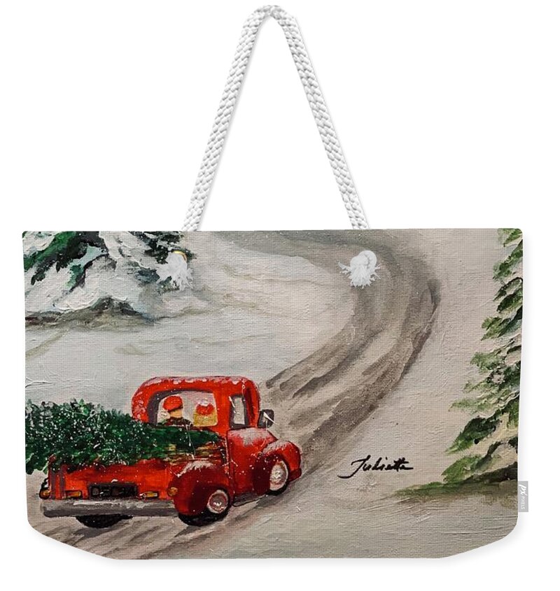 Red Truck Weekender Tote Bag featuring the painting To Grandmothers House We Go by Juliette Becker