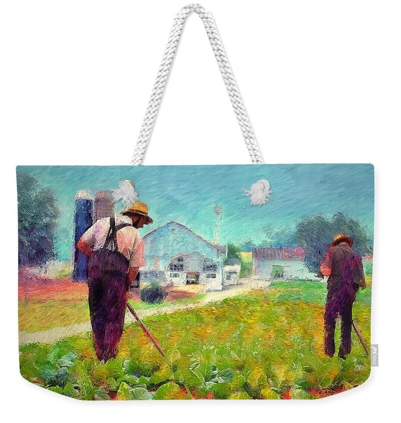 Amish Weekender Tote Bag featuring the painting Tobacco Farmers by Joel Smith