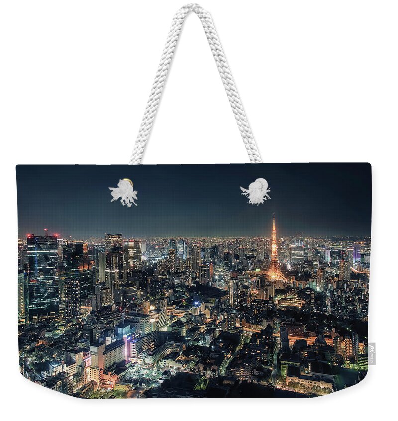 Aerial Weekender Tote Bag featuring the photograph Tokyo City by Manjik Pictures