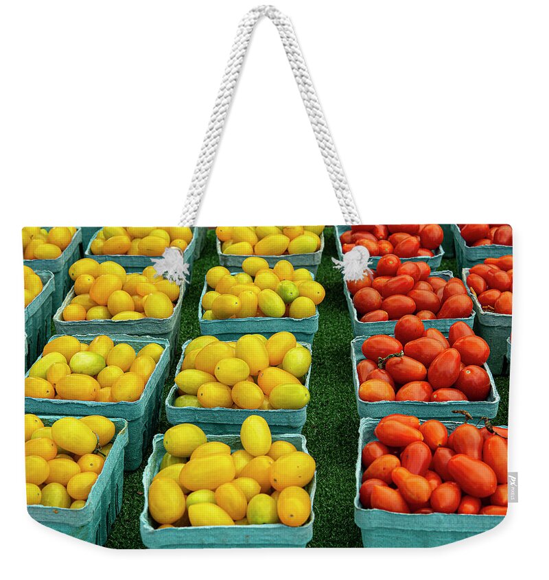 Tomatoes Farmers Market Red Yellow Fruit Vegetable Colorful Weekender Tote Bag featuring the photograph Tomatoes at the Farmers Market by David Morehead