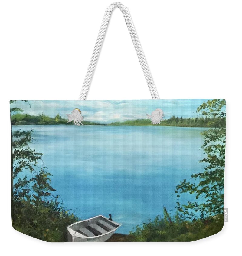 Landscape Lake Pond Water Blue Outdoor Fishing Weekender Tote Bag featuring the painting Tooley Pond by Janet Visser