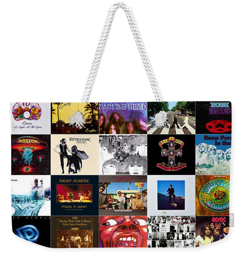 Top 40 Weekender Tote Bag featuring the digital art Top 40 Classic Rock Albums of All Time by Pheasant Run Gallery