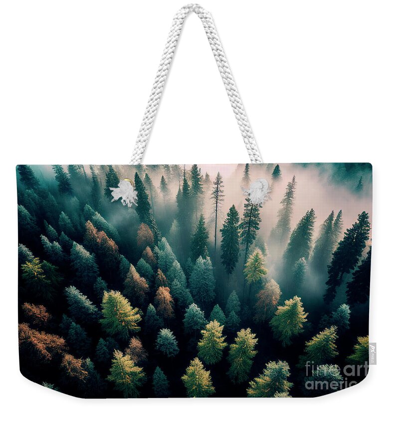 Pine Weekender Tote Bag featuring the photograph Top view of dark green forest landscape by Jelena Jovanovic