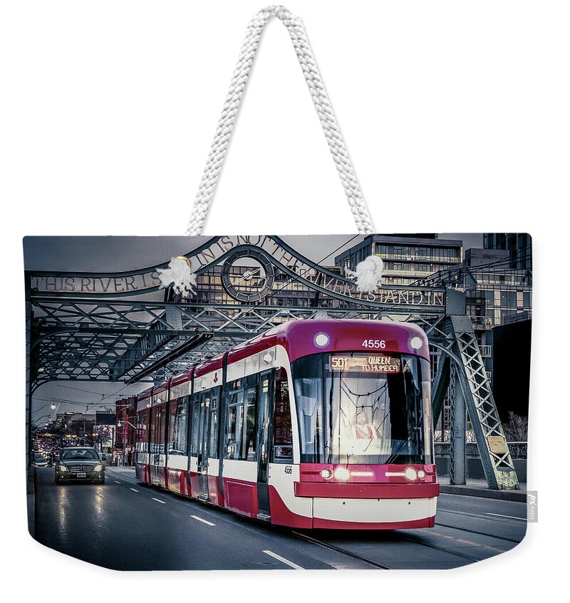 Toronto Weekender Tote Bag featuring the photograph Toronto Queen Street Bridge Streetcar by Dee Potter