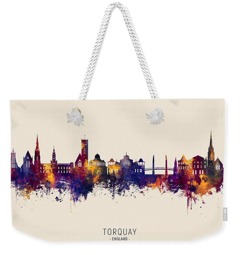 Torquay Weekender Tote Bag featuring the digital art Torquay England Skyline #41 by Michael Tompsett