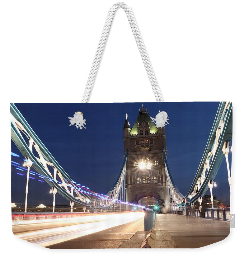 Sky Weekender Tote Bag featuring the photograph Tower bridge in midnight by Vaclav Sonnek