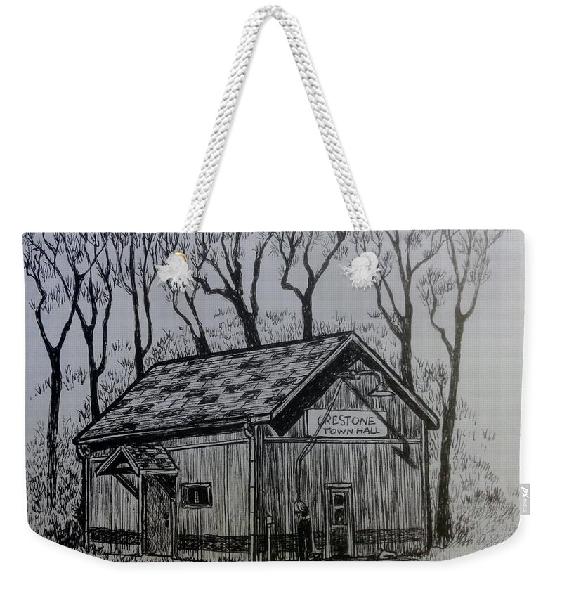Crestone Weekender Tote Bag featuring the painting ' Crestone Townhall ' by James RODERICK