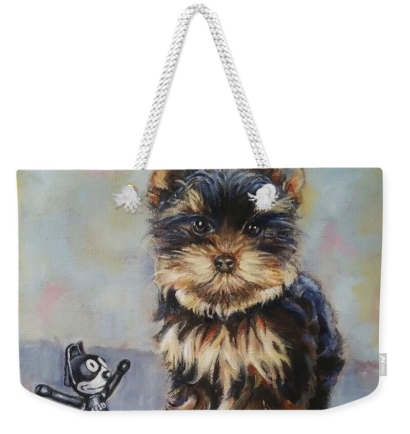 Yorkie Weekender Tote Bag featuring the painting Toy VS Toy by Jean Cormier