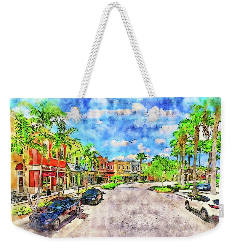 Tradition Square Weekender Tote Bag featuring the digital art Tradition Square in Port St. Lucie, Florida - pen and watercolor by Nicko Prints