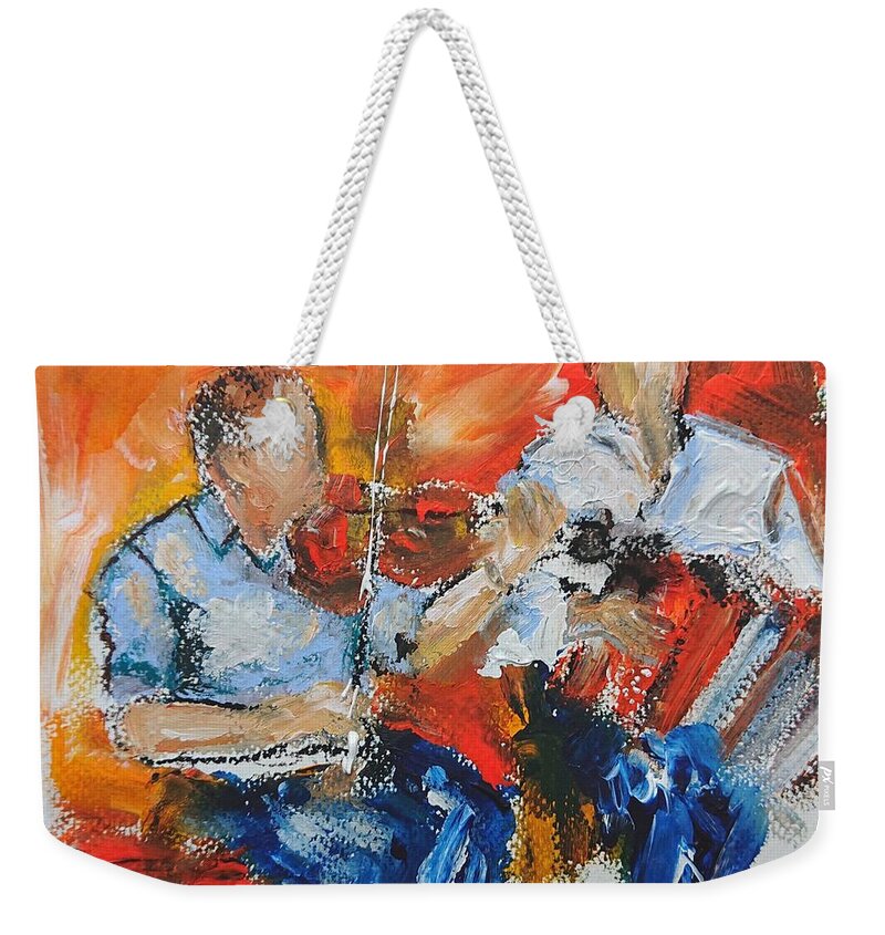 Galway Ireland Weekender Tote Bag featuring the painting Traditional music paintings by Mary Cahalan Lee - aka PIXI