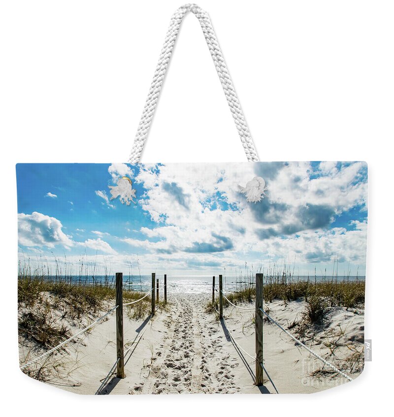 Footprints Weekender Tote Bag featuring the photograph Trail of Footprints to the Beach by Beachtown Views